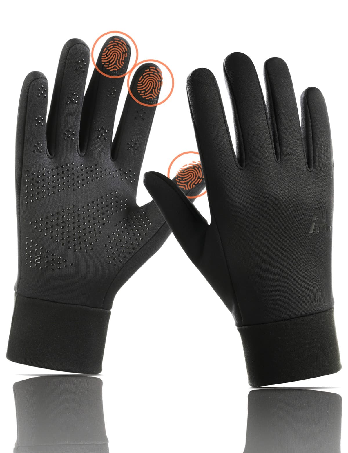 Aerynx X1 gloves on white with callouts on the thumb, index and middle touchscreen fingertips.
