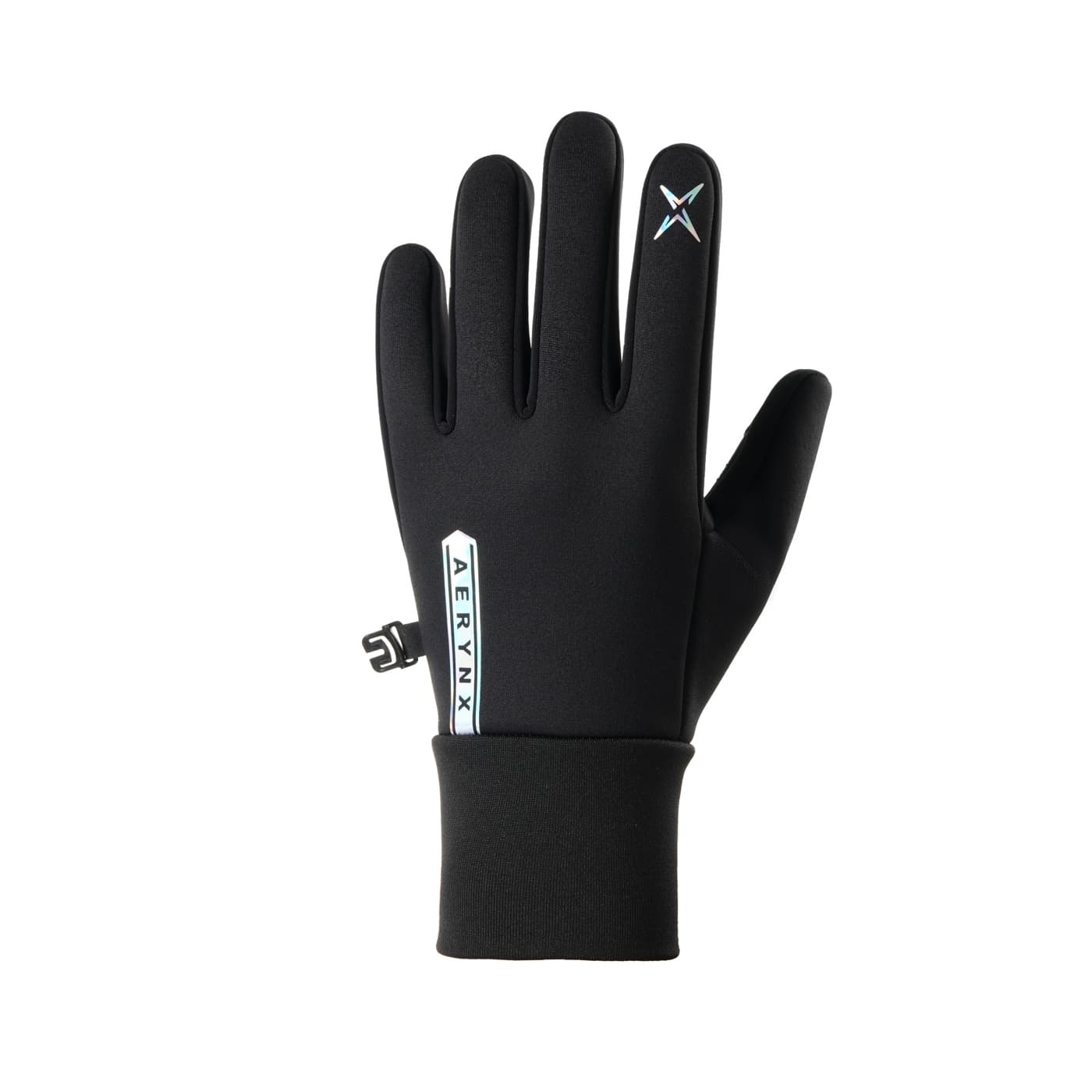 Back of a black Aerynx X0 Kids glove with an extended cuff, pairing clip and iridescent detail.
