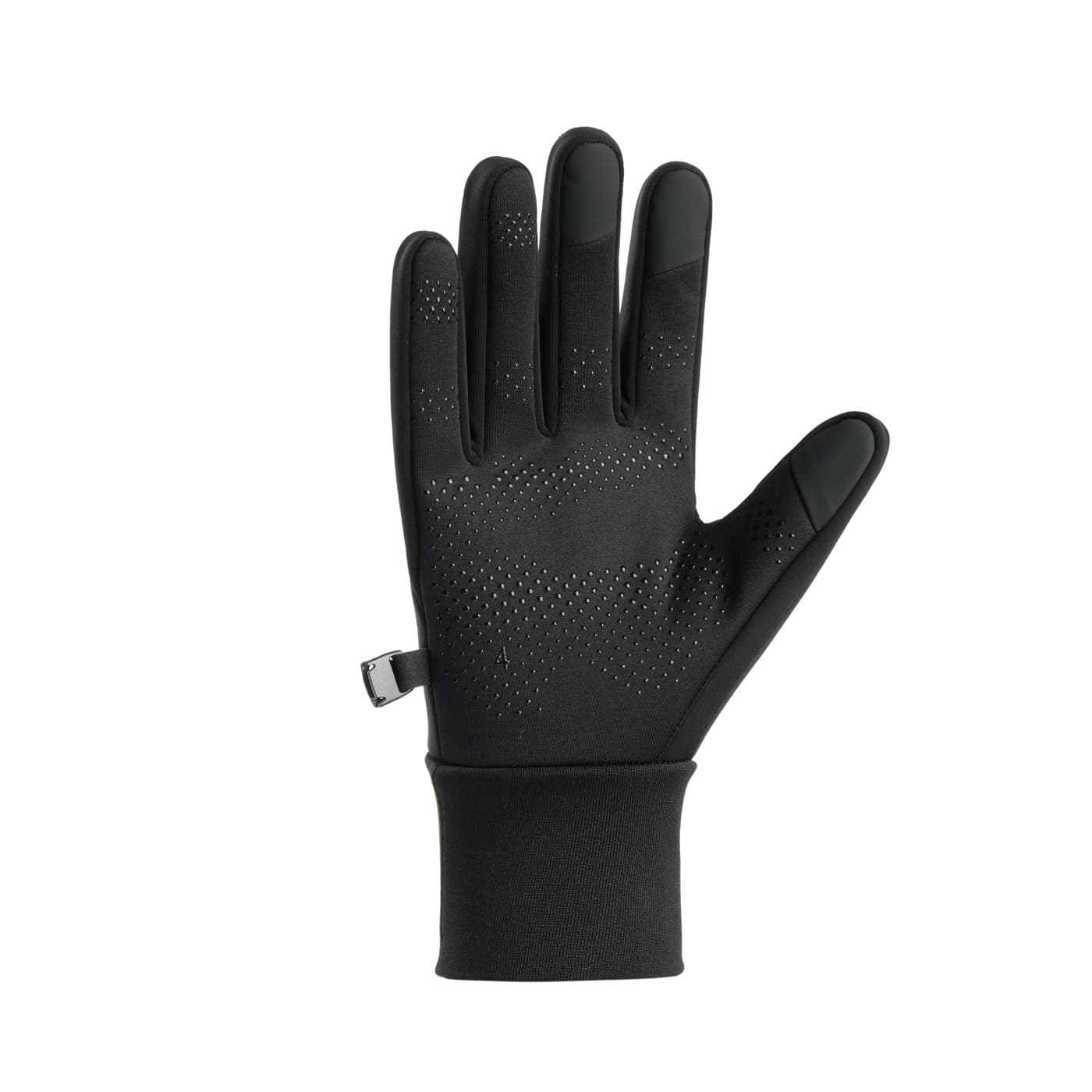 Palm of a black Aerynx X0 Kids glove with silicone grip dots, three fingertip patches and a pairing clip.