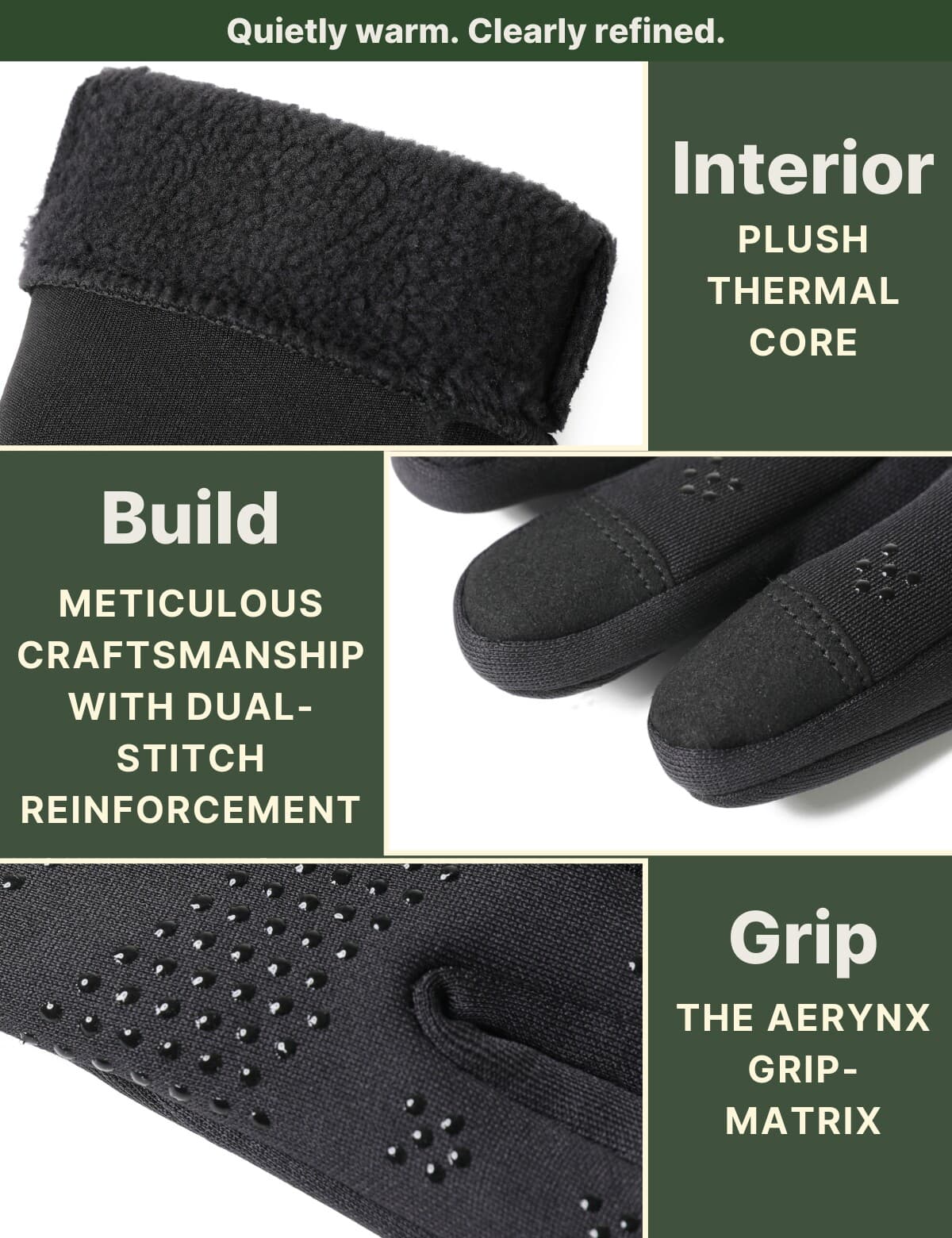 Aerynx X1 product panel showing fleece, finger stitching and silicone palm dots in close-up.