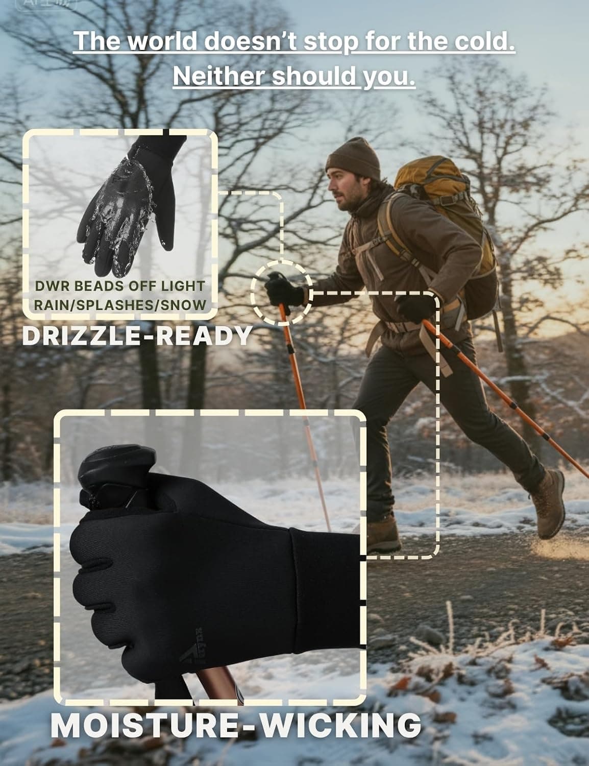 Aerynx X2 Daily gloves shown in a cool-weather drizzle setting