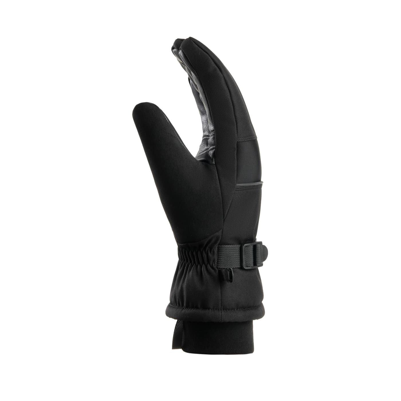Side view of a black Aerynx X3 Winter glove with a shaped thumb, wrist strap and long cuff.